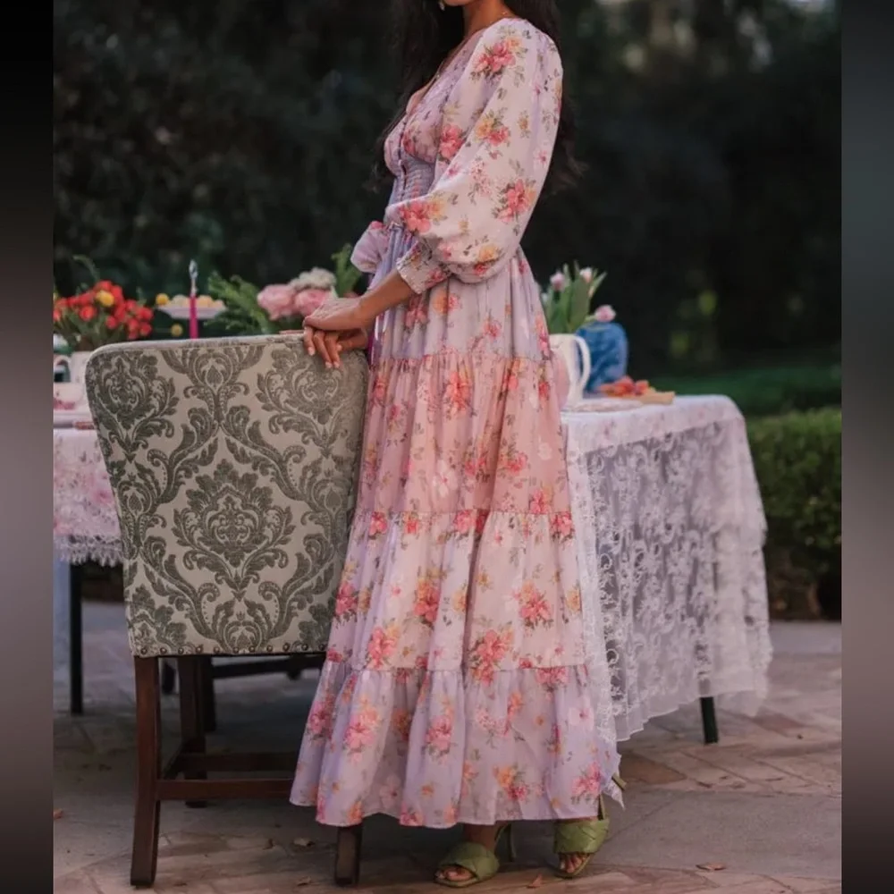 JESSAKAE Garden Rose Sweet Peony Floral Maxi Tea Dress Pink Purple Button Down - Picture 3 of 6